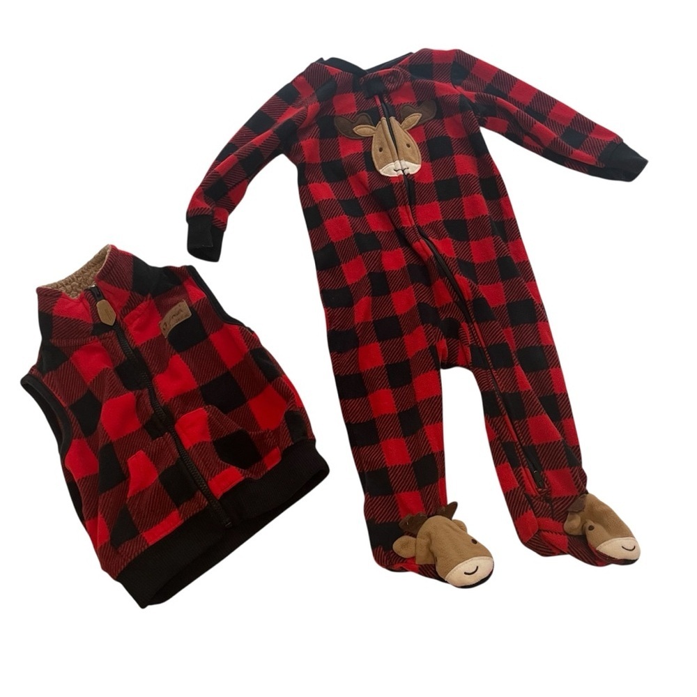 Carter’s Buffalo Plaid Moose Footie Pajamas Sleeper & Sherpa Vest 6-9 Months